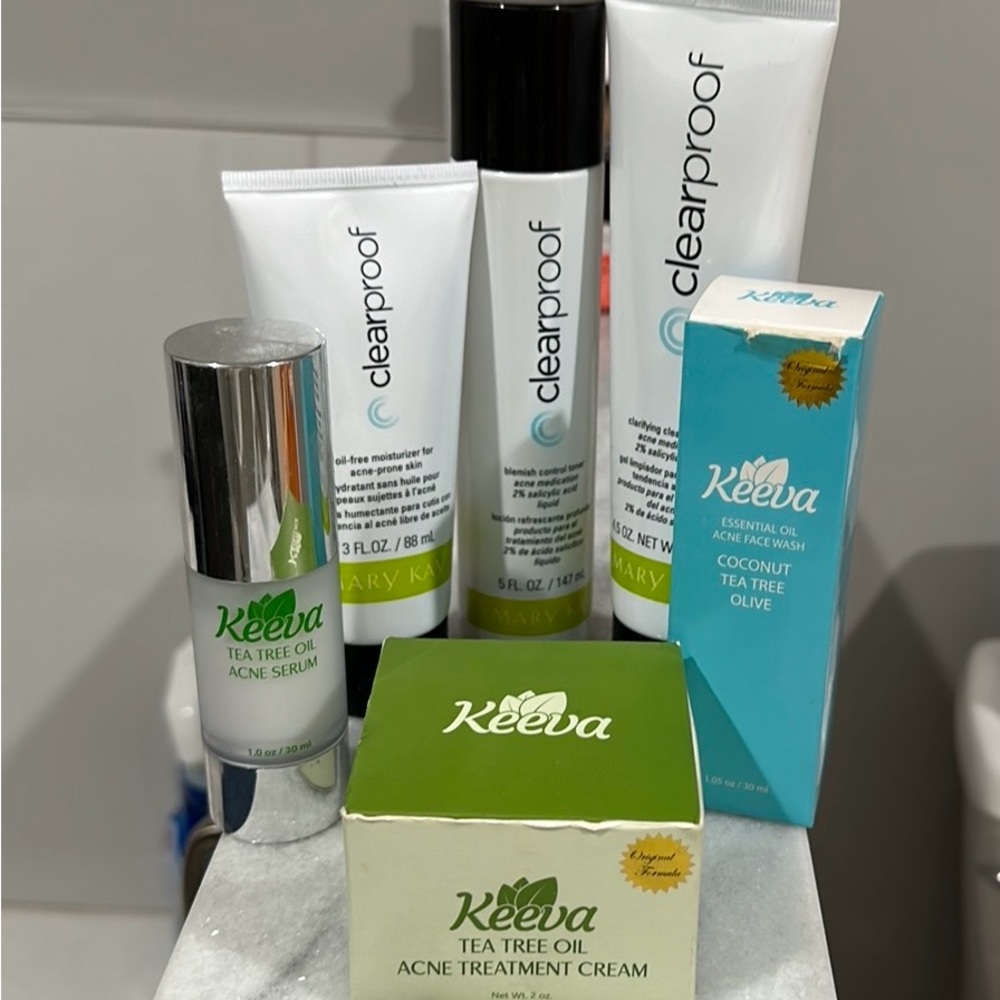 Clear proof acne set by Mary Kay and Keeva tea tree oil acne serum set.